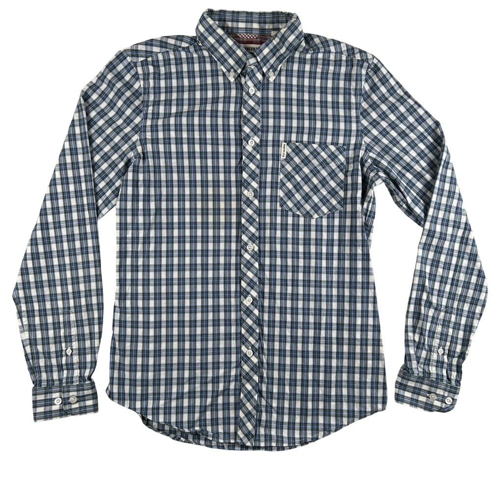 Ben Sherman Shirt Mens Medium Blue Plaid Long Sleeve Button Front Cotton Casual